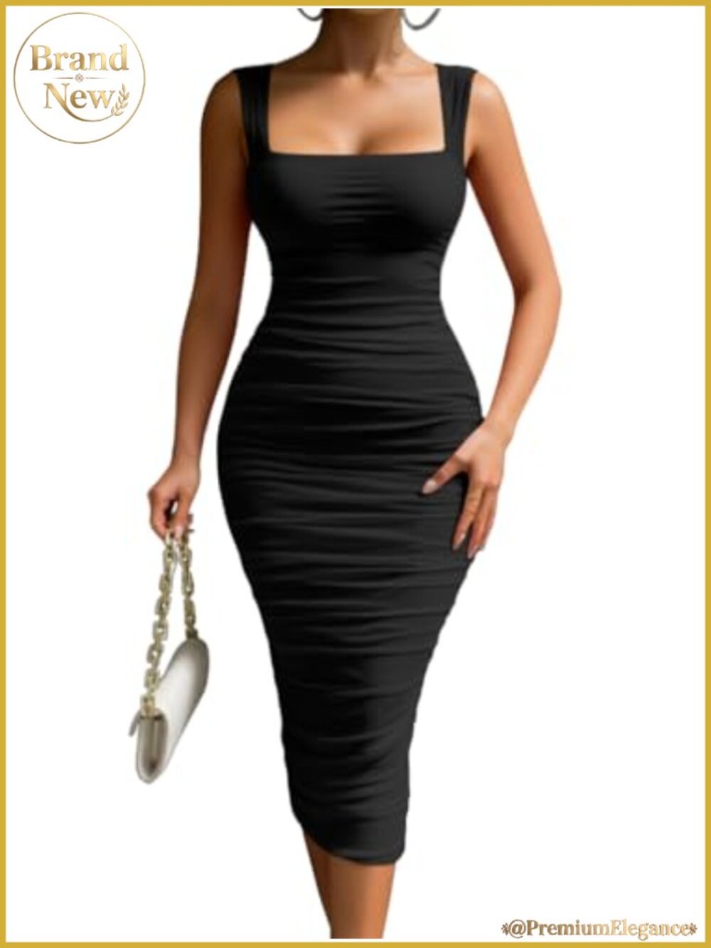 Sleeveless Square Neck Ruched Bodycon Midi Dress